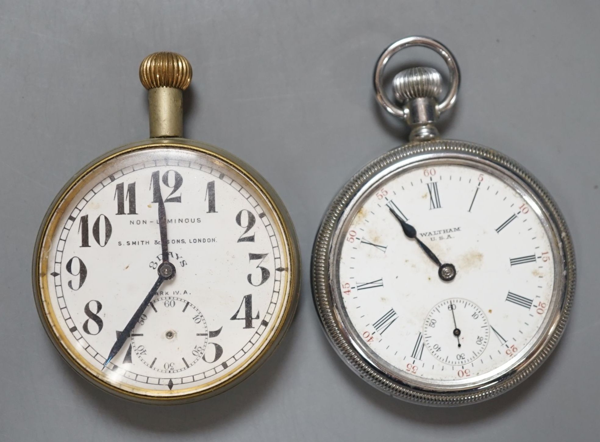 A chromium cased Waltham military pocket watch and one other pocket watch.